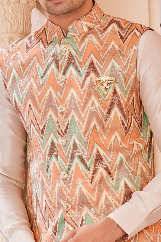 Orange Jaquard Semi Silk Brocade Nehru Jacket (NMK-8039) - Nihal Fashions