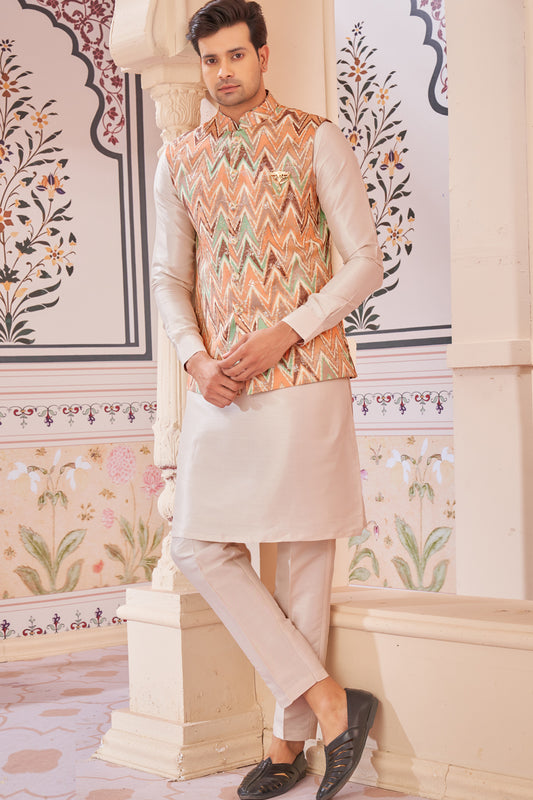 Orange Jaquard Semi Silk Brocade Nehru Jacket (NMK-8039) - Nihal Fashions
