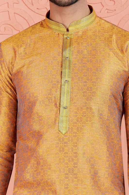 Orange Jaquard Silk Brocade Kurta (NMK-7761) - Nihal Fashions