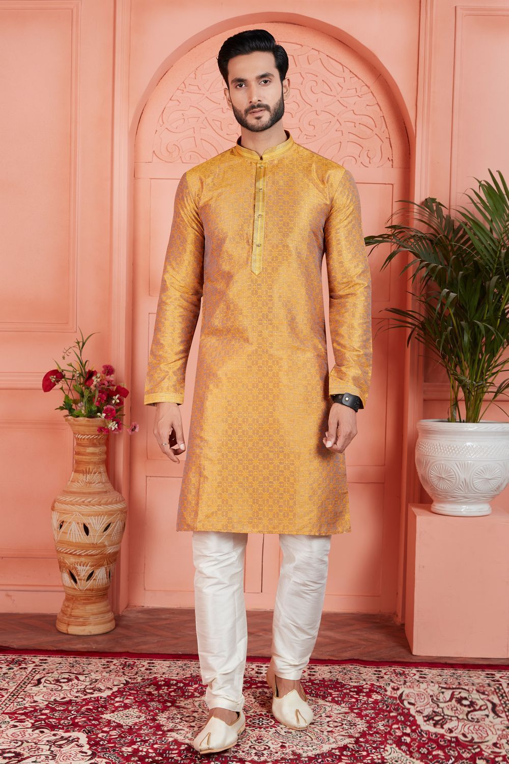 Orange Jaquard Silk Brocade Kurta (NMK-7761) - Nihal Fashions