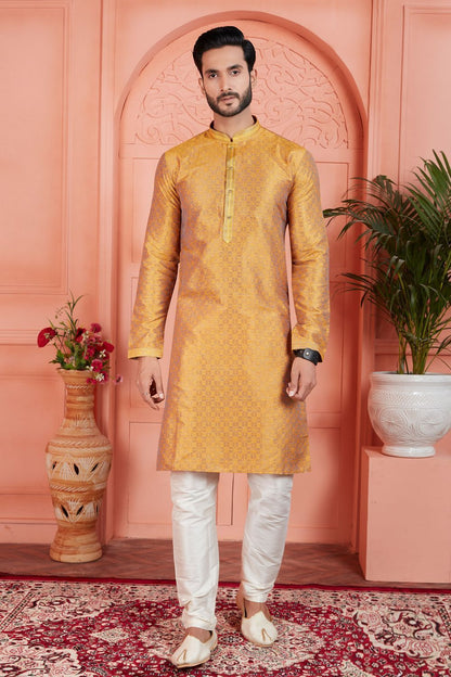 Orange Jaquard Silk Brocade Kurta (NMK-7761) - Nihal Fashions