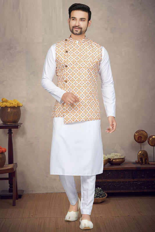 Orange,White Cotton Mens Nehru Jacket (NMK-6945) - Nihal Fashions