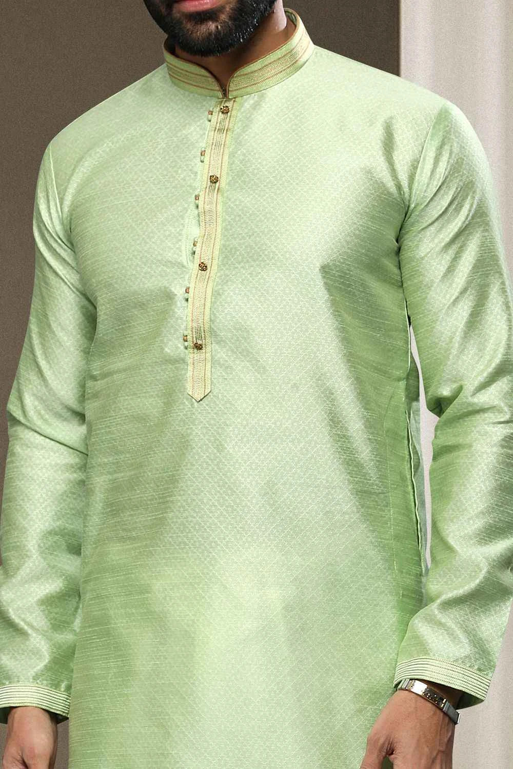 Parrot Green Jaquard Silk Brocade Kurta Pajama (NMK-5949)