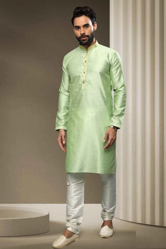 Parrot Green Jaquard Silk Brocade Kurta Pajama (NMK-5949)