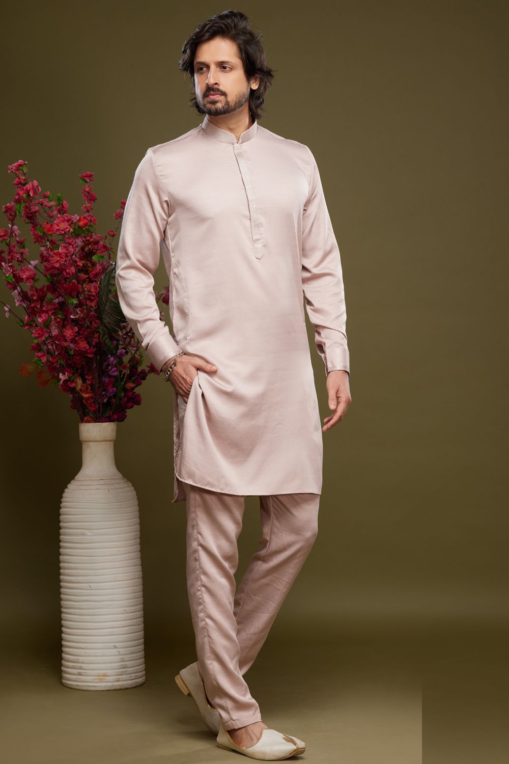 Peach Art Banarasi Silk Kurta Pajama (NMK-7077) - Nihal Fashions