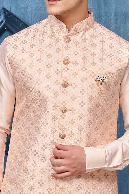 Peach Art Banarasi Silk Nehru Jacket (NMK-7380) - Nihal Fashions