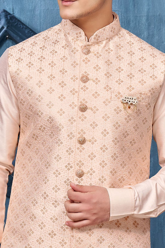 Peach Art Banarasi Silk Nehru Jacket (NMK-7380) - Nihal Fashions