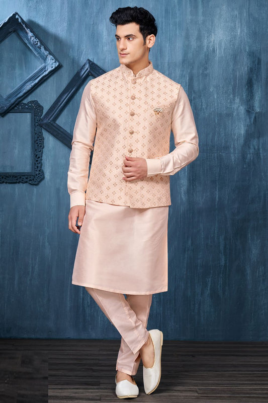 Peach Art Banarasi Silk Nehru Jacket (NMK-7380) - Nihal Fashions