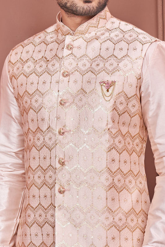 Peach Art Banarasi Silk Nehru Jacket (NMK-7401) - Nihal Fashions