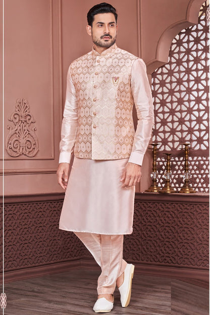 Peach Art Banarasi Silk Nehru Jacket (NMK-7401) - Nihal Fashions