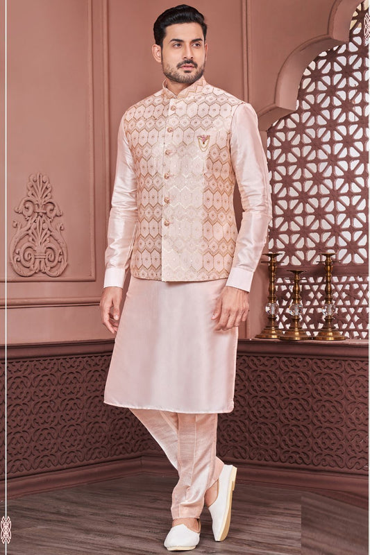Peach Art Banarasi Silk Nehru Jacket (NMK-7401) - Nihal Fashions