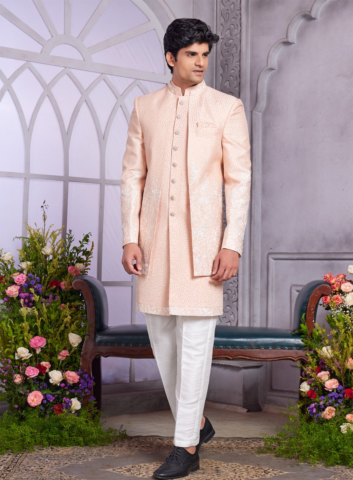 Peach Art Silk 3 Pcs Jacket Set (NMK-8328) - Nihal Fashions