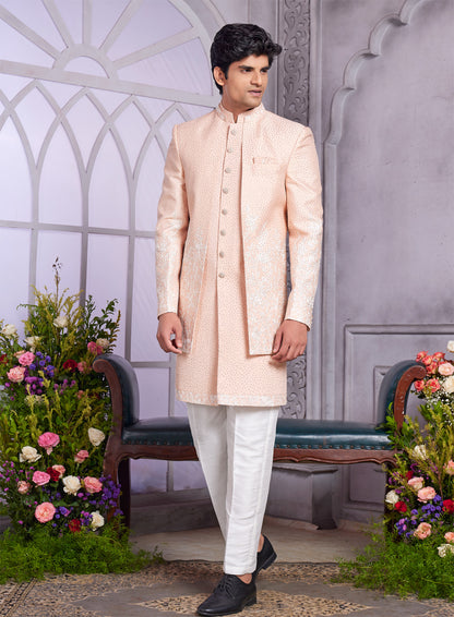 Peach Art Silk 3 Pcs Jacket Set (NMK-8328) - Nihal Fashions