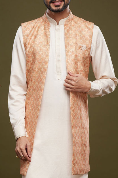 Peach Art Silk Digital Printed Jacket Kurta (NMK-7088) - Nihal Fashions