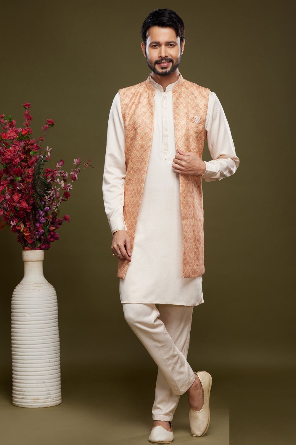 Peach Art Silk Digital Printed Jacket Kurta (NMK-7088) - Nihal Fashions