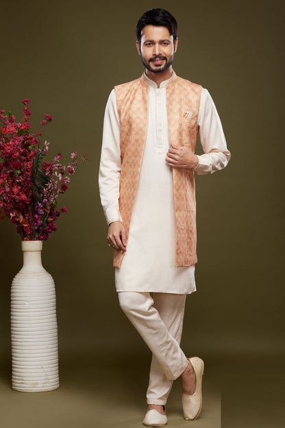 Peach Art Silk Digital Printed Jacket Kurta (NMK-7088) - Nihal Fashions