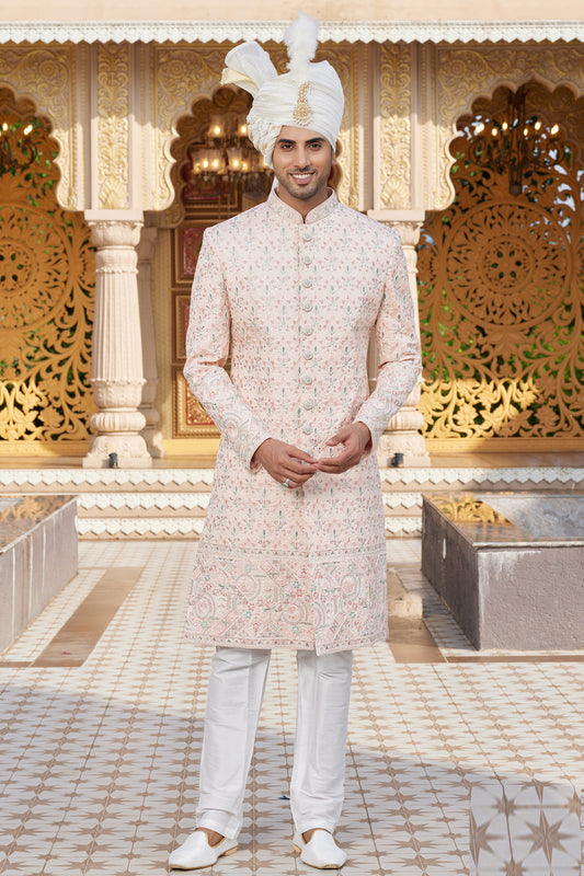 Peach Art Silk Grooms Sherwani (NMK-8184) - Nihal Fashions