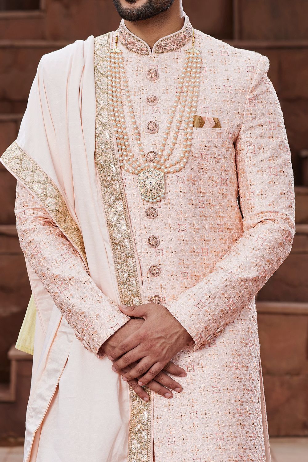 Peach Art Silk Indian Sherwani (NMK-7166) - Nihal Fashions