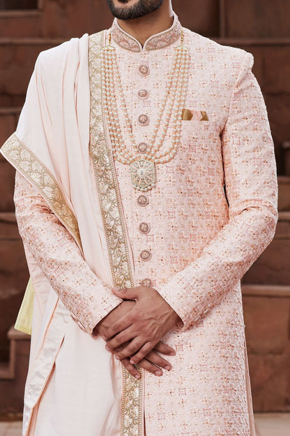 Peach Art Silk Indian Sherwani (NMK-7166) - Nihal Fashions