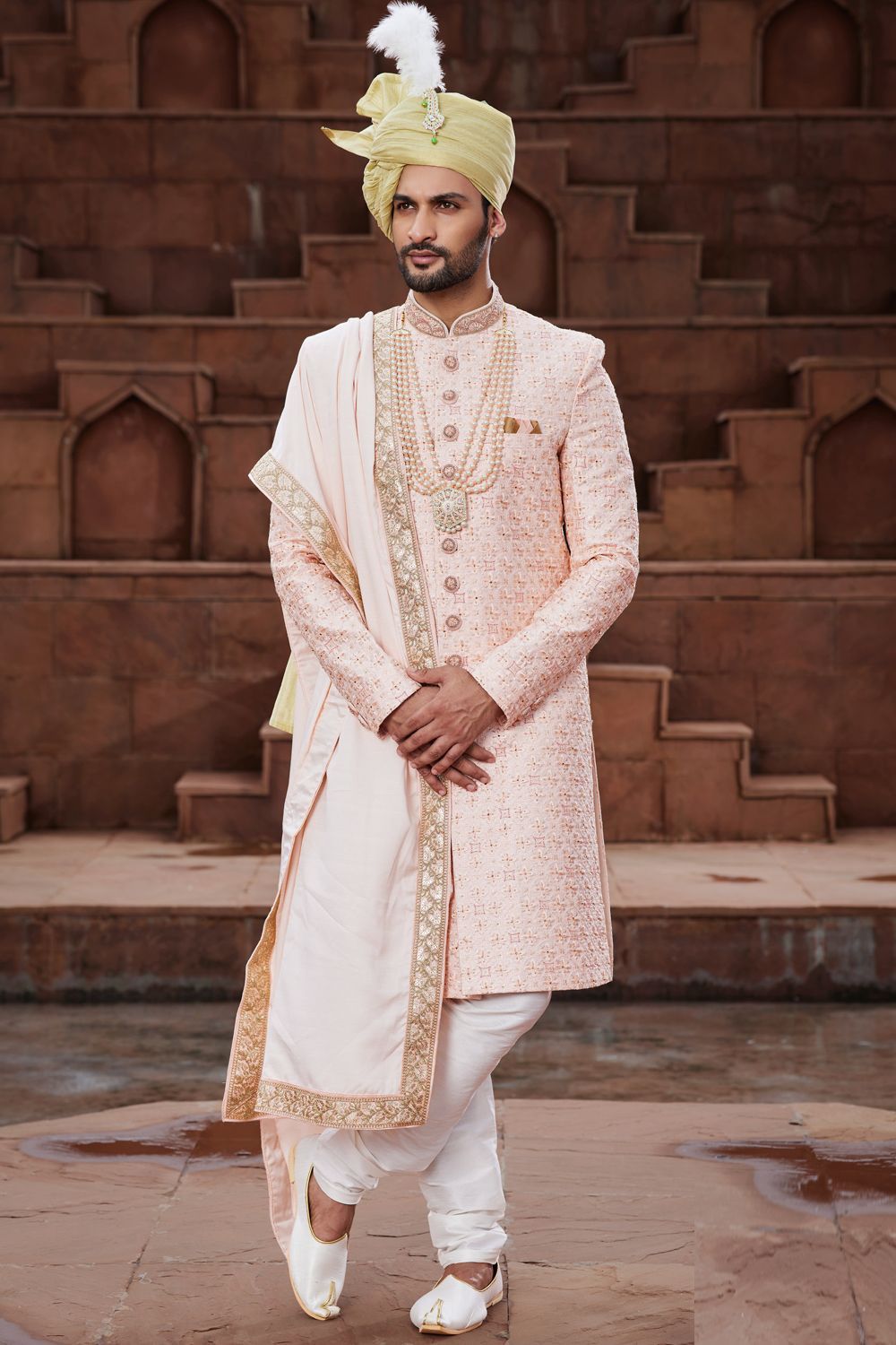 Peach Art Silk Indian Sherwani (NMK-7166) - Nihal Fashions