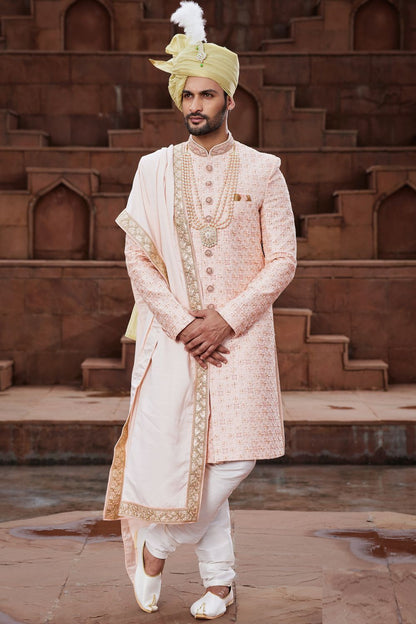 Peach Art Silk Indian Sherwani (NMK-7166) - Nihal Fashions