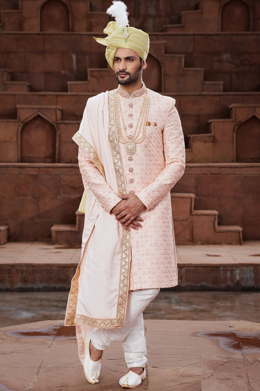 Peach Art Silk Indian Sherwani (NMK-7166) - Nihal Fashions