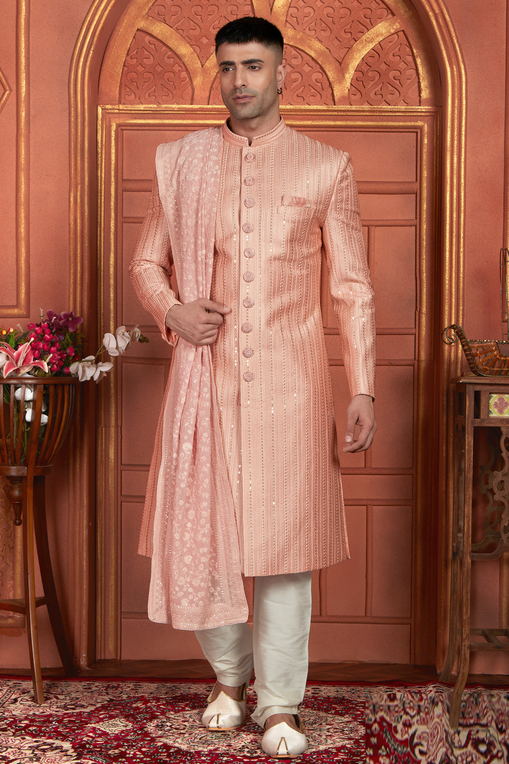 Peach Art Silk Indian Sherwani (NMK-7889) - Nihal Fashions