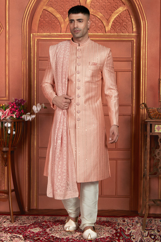 Peach Art Silk Indian Sherwani (NMK-7889) - Nihal Fashions