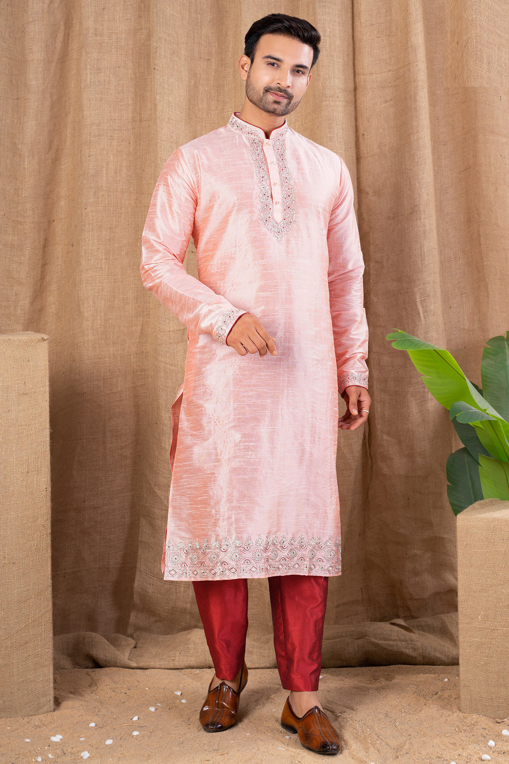 Peach Art Silk Kurta Pajama (NMK-8510) - Nihal Fashions