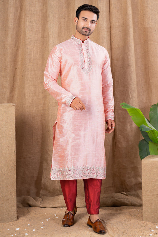 Peach Art Silk Kurta Pajama (NMK-8510) - Nihal Fashions