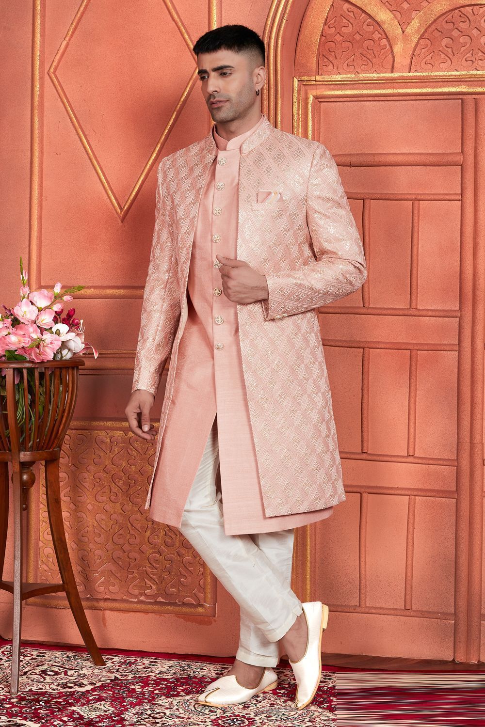 Peach Art Silk Mens Indo Western (NMK-7683) - Nihal Fashions
