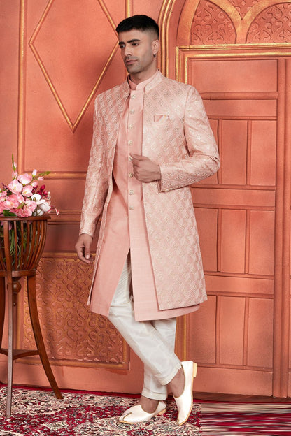 Peach Art Silk Mens Indo Western (NMK-7683) - Nihal Fashions