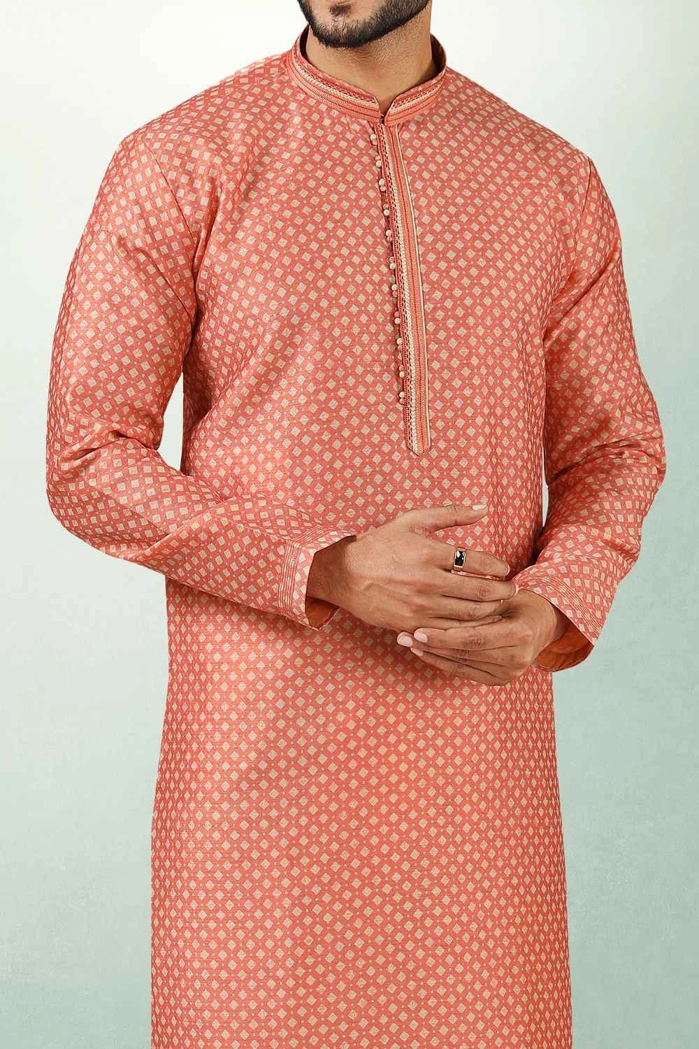 Peach Art Silk Mens Kurta Pajama (NMK-5837)