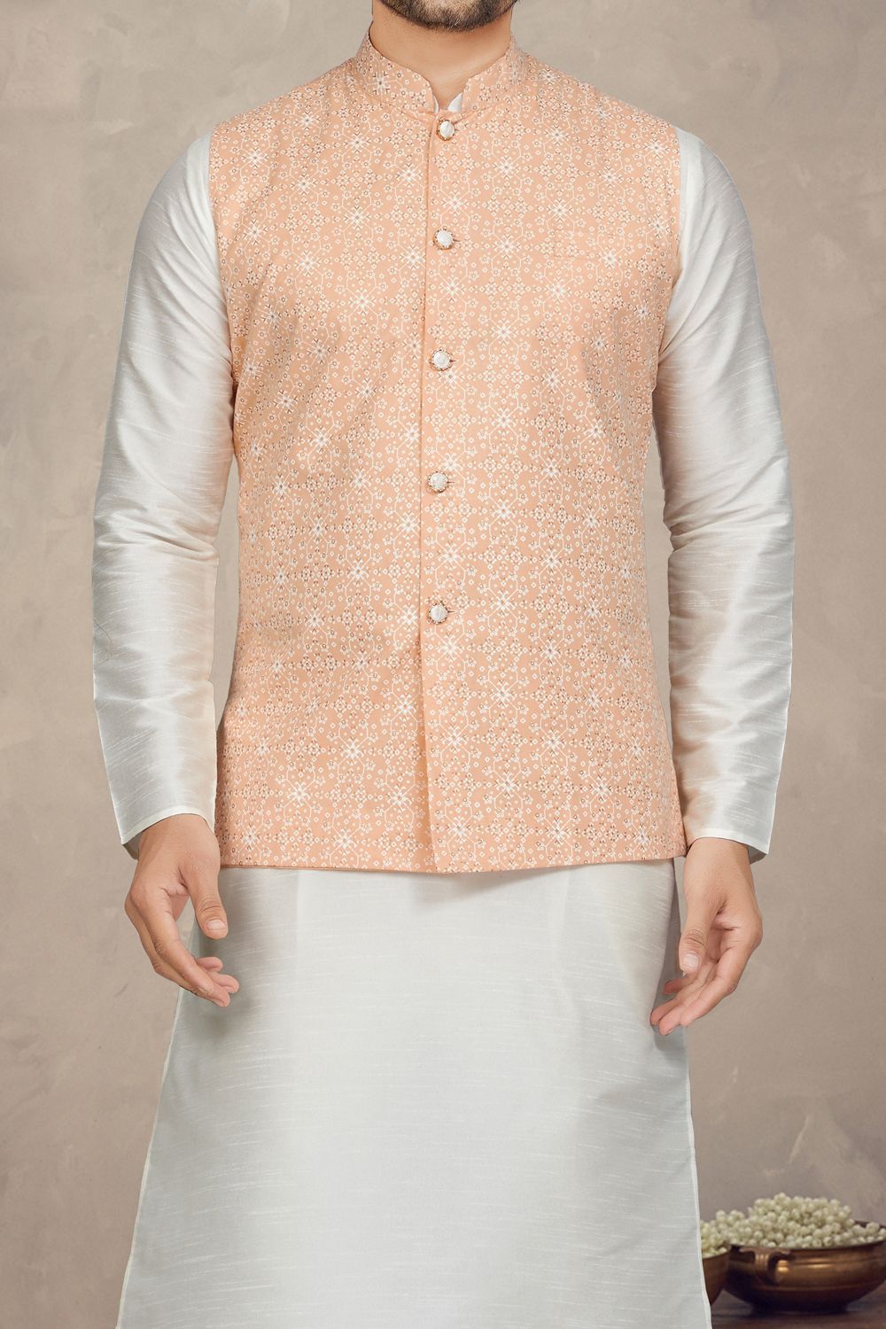 Peach Art Silk Mens Nehru Jacket (NMK-6962) - Nihal Fashions