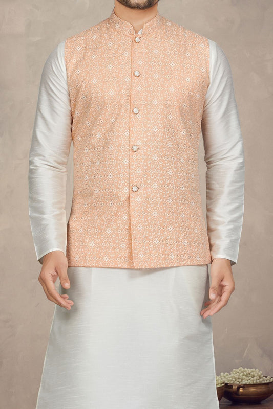 Peach Art Silk Mens Nehru Jacket (NMK-6962) - Nihal Fashions