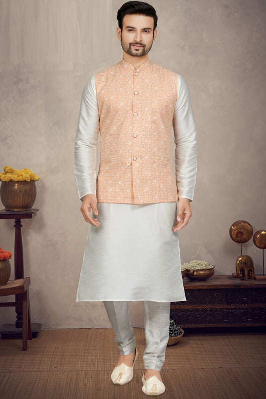 Peach Art Silk Mens Nehru Jacket (NMK-6962) - Nihal Fashions