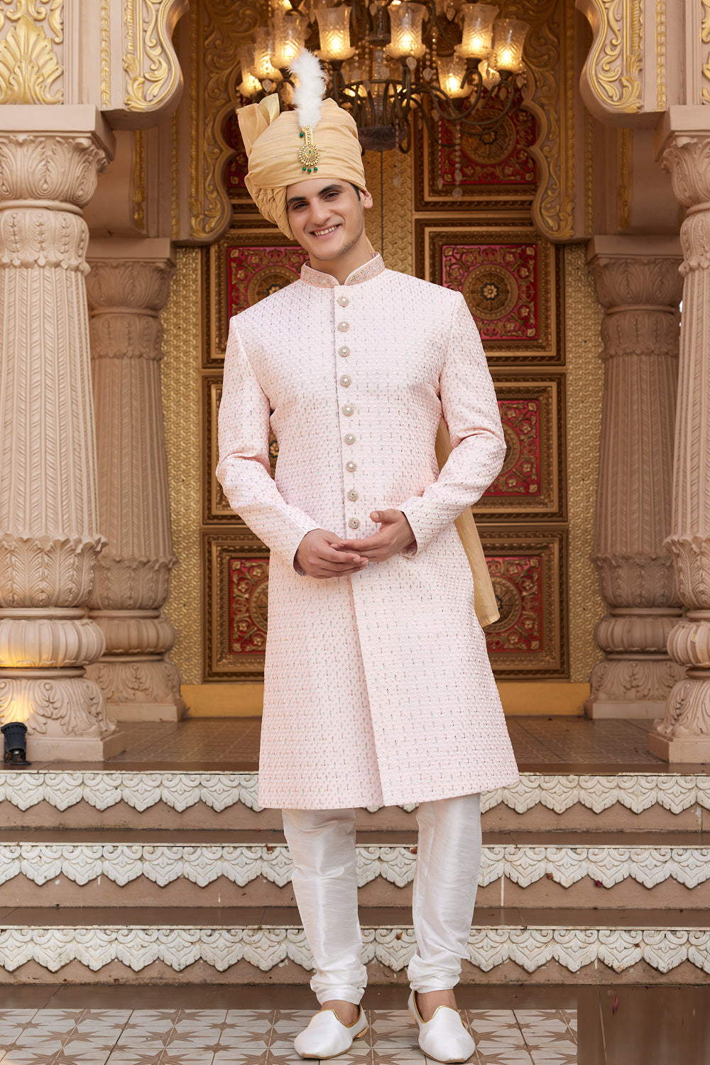 Peach Art Silk Mens Sherwani (NMK-8187) - Nihal Fashions