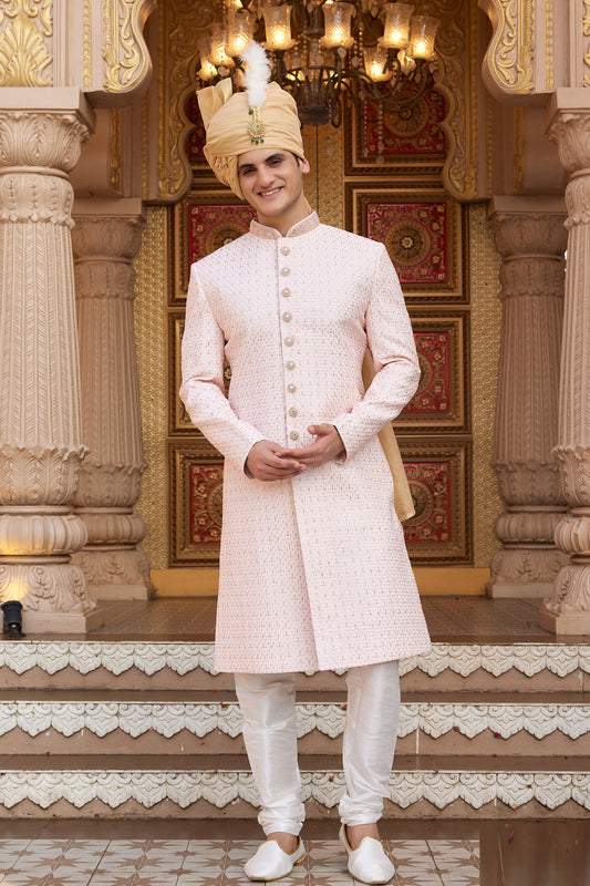 Peach Art Silk Mens Sherwani (NMK-8187) - Nihal Fashions