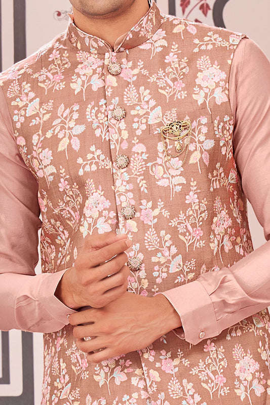 Peach Art Silk Nehru Jacket (NMK-8069) - Nihal Fashions