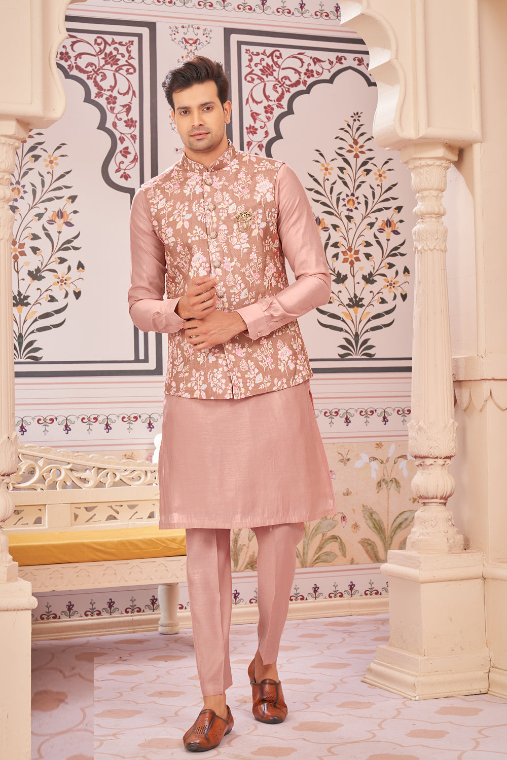 Peach Art Silk Nehru Jacket (NMK-8069) - Nihal Fashions