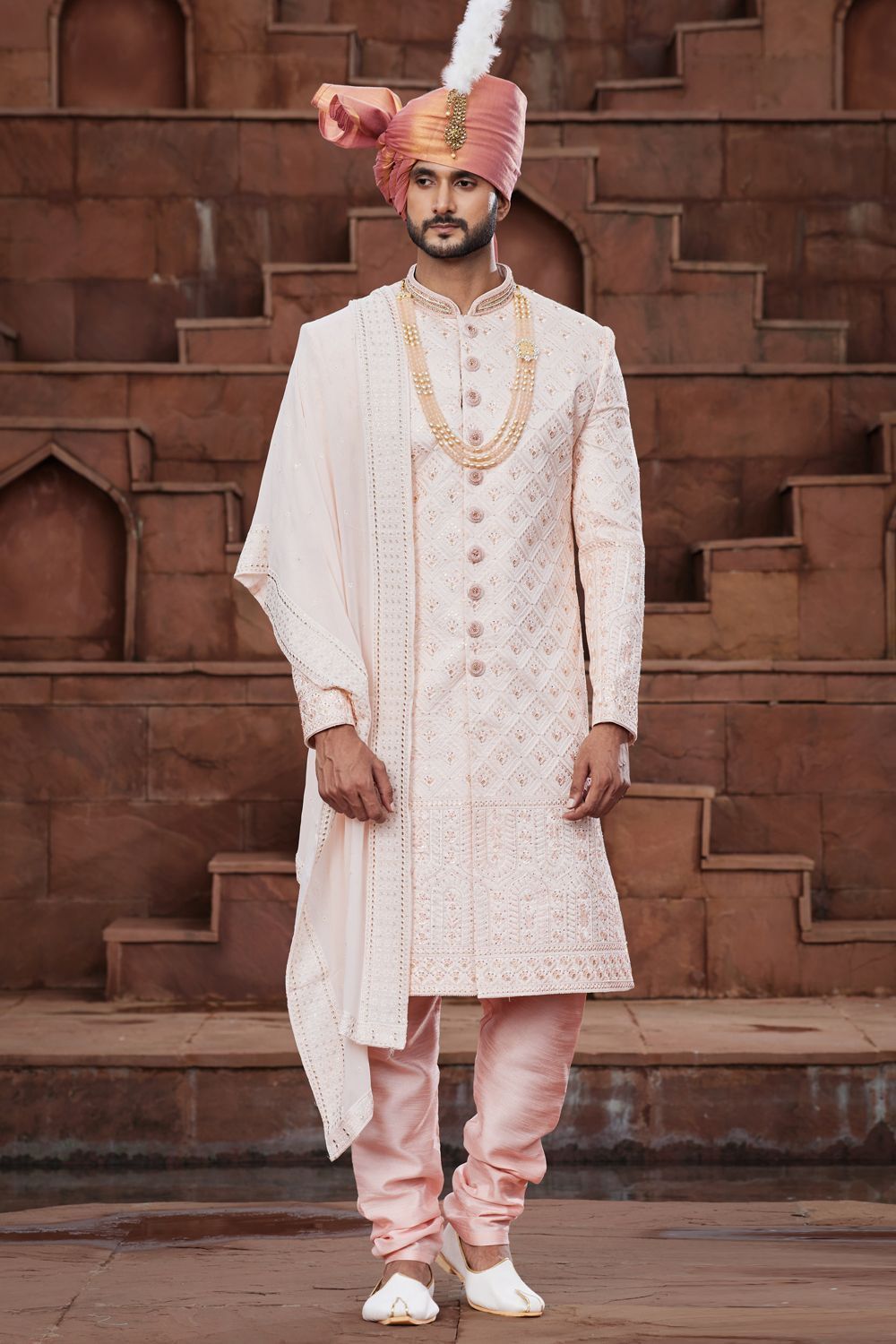 Peach Art Silk Sherwani for Men (NMK-7162) - Nihal Fashions