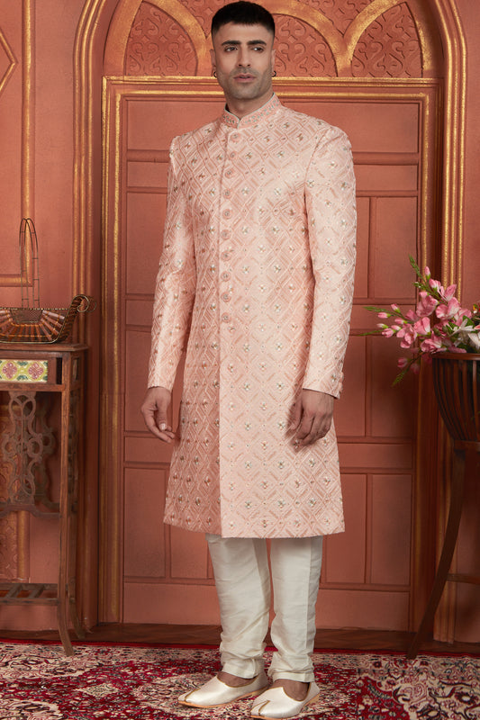 Peach Art Silk Sherwani for Men (NMK-7900) - Nihal Fashions