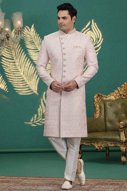 Peach Art Silk Wedding Sherwani (NMK-8618) - Nihal Fashions