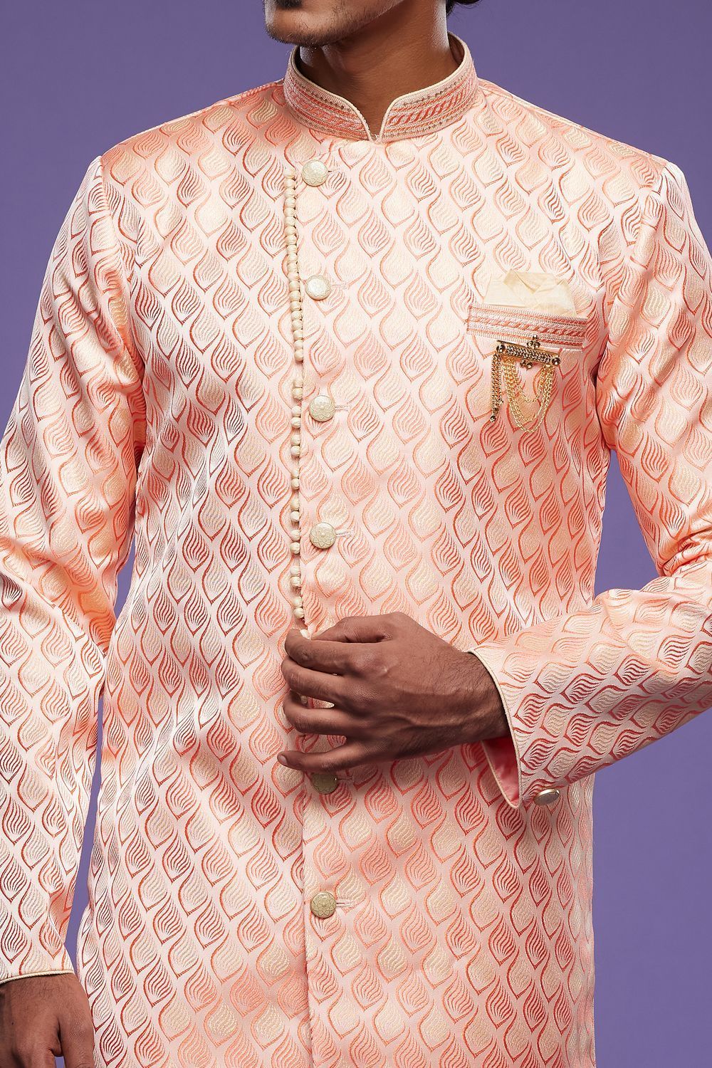 Peach Banarasi Jaquard Indo Western for Men (NMK-6998) - Nihal Fashions