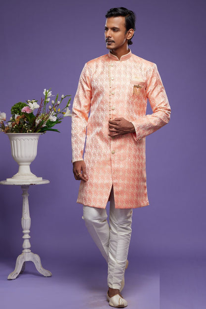 Peach Banarasi Jaquard Indo Western for Men (NMK-6998) - Nihal Fashions