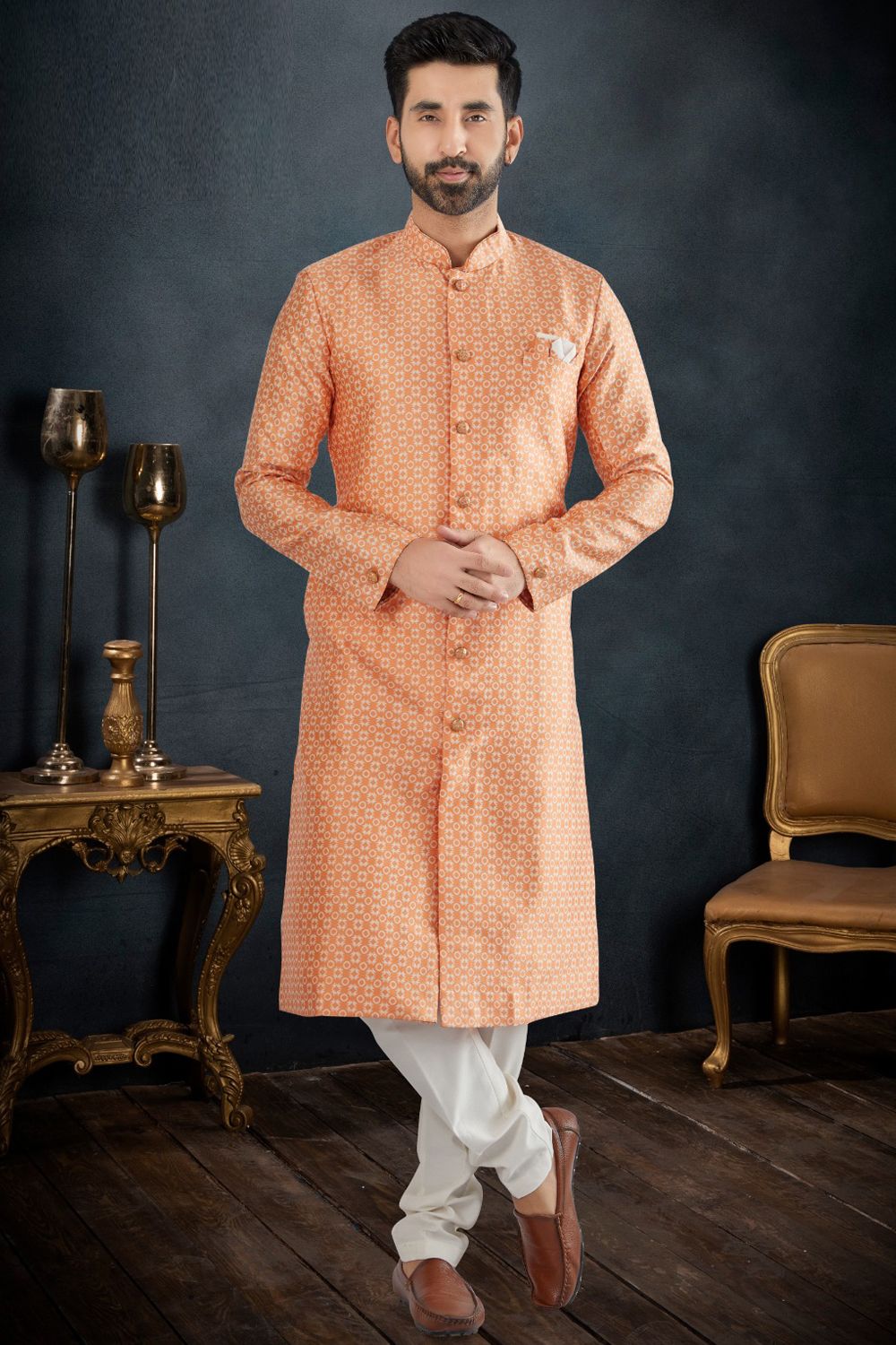 Peach Banarasi Jaquard Indo Western (NMK-7607) - Nihal Fashions