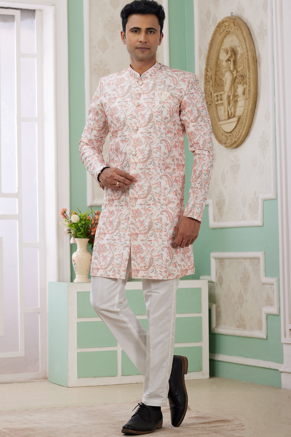 Peach Banarasi Jaquard Indo Western (NMK-8585) - Nihal Fashions