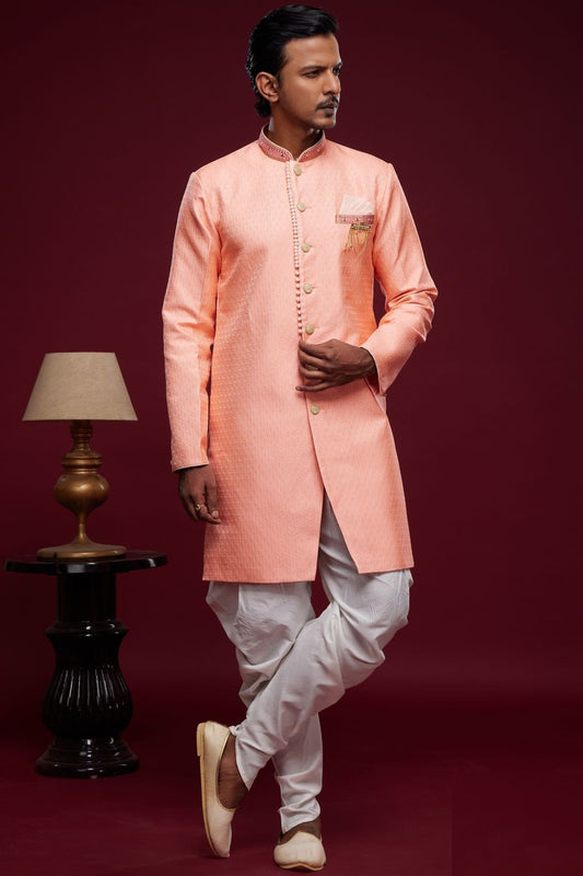 Peach Banarasi Jaquard Mens Indo Western (NMK-6986) - Nihal Fashions