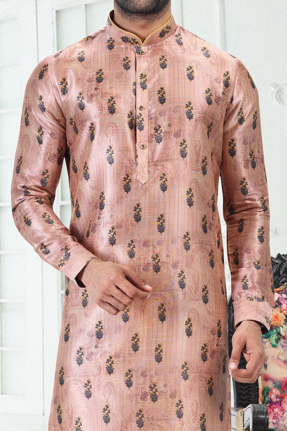 Peach Banarasi Silk Kurtas for Men (NMK-6704) - Nihal Fashions