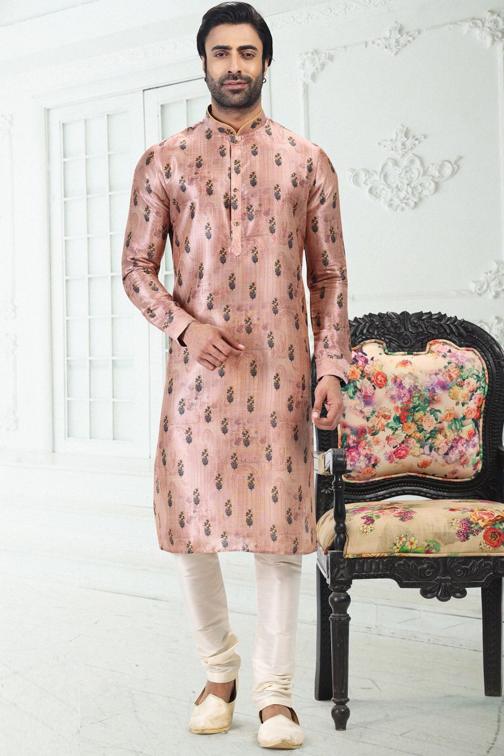Peach Banarasi Silk Kurtas for Men (NMK-6704) - Nihal Fashions